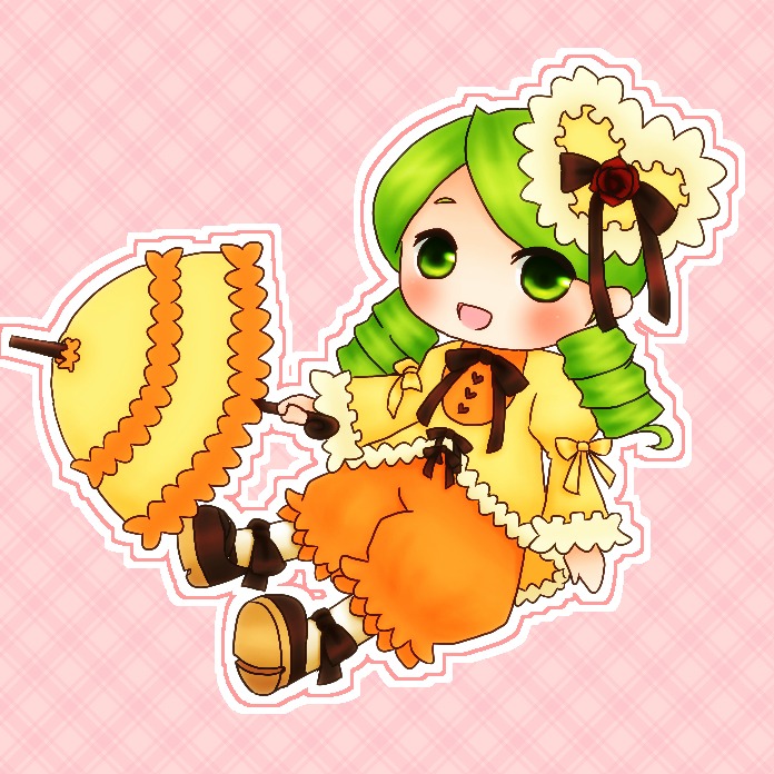 1girl auto_tagged bow drill_hair food fork full_body green_eyes green_hair hat image kanaria open_mouth outline plaid plaid_background smile solo umbrella