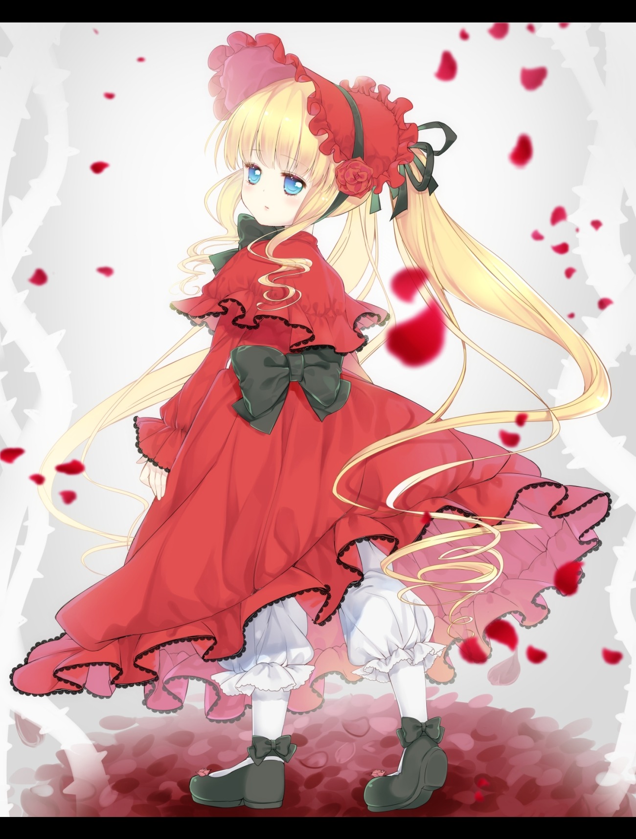 1girl blonde_hair bloomers blue_eyes bonnet bow capelet dress flower image letterboxed long_hair long_sleeves looking_at_viewer looking_back petals red_dress rose rose_petals shinku solo twintails underwear very_long_hair