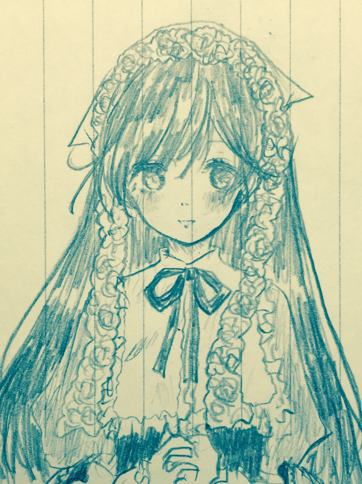 1girl blush braid closed_mouth dress eyebrows_visible_through_hair flower hair_flower hair_ornament image long_hair long_sleeves looking_at_viewer monochrome rose solo suiseiseki tears traditional_media twin_braids upper_body veil