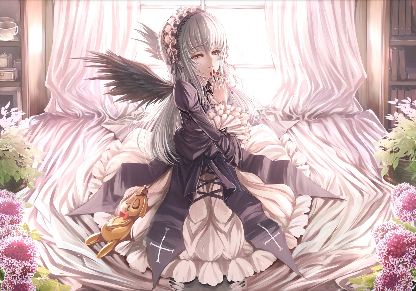 1girl black_dress black_wings commentary_request curtains doll_joints dress flower frills gothic_lolita hairband hydrangea image joints kunkun lolita_fashion lolita_hairband long_hair long_sleeves looking_at_viewer red_eyes rozen_maiden shiokonbu silver_hair sitting solo suigintou window wings