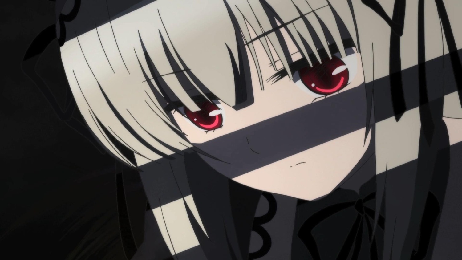 1girl bangs black_ribbon close-up closed_mouth expressionless hair_ribbon image long_hair looking_at_viewer red_eyes ribbon simple_background solo suigintou