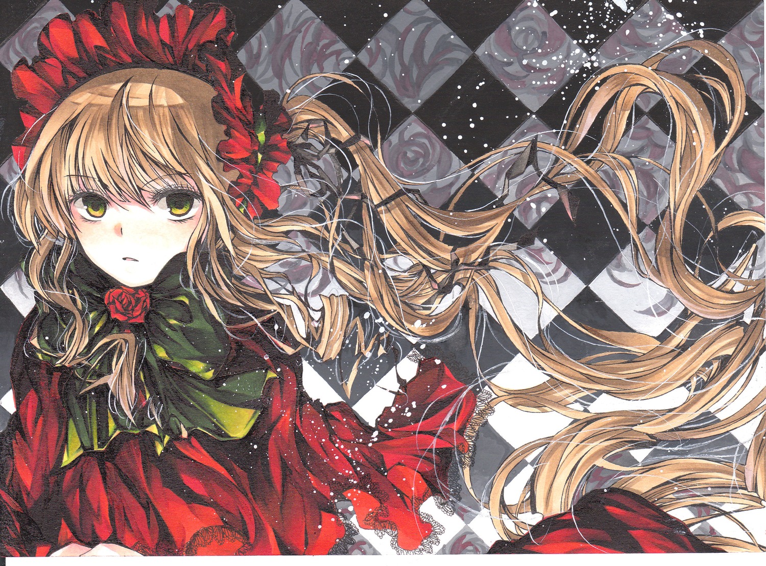 1girl argyle argyle_background blonde_hair bonnet checkered checkered_background checkered_floor commentary dress drill_hair flower green_eyes highres image iris_(riba) long_hair red_flower red_rose rose rozen_maiden shinku solo traditional_media twintails very_long_hair yellow_eyes