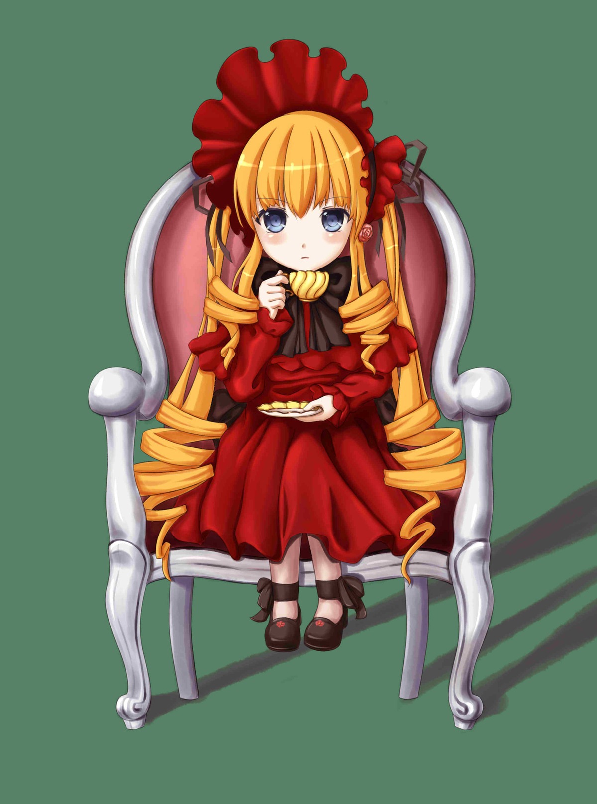1girl blonde_hair blue_eyes blush bonnet bow chair cup dress drill_hair full_body image long_hair long_sleeves looking_at_viewer shadow shinku shoes sitting solo standing teacup twin_drills twintails very_long_hair