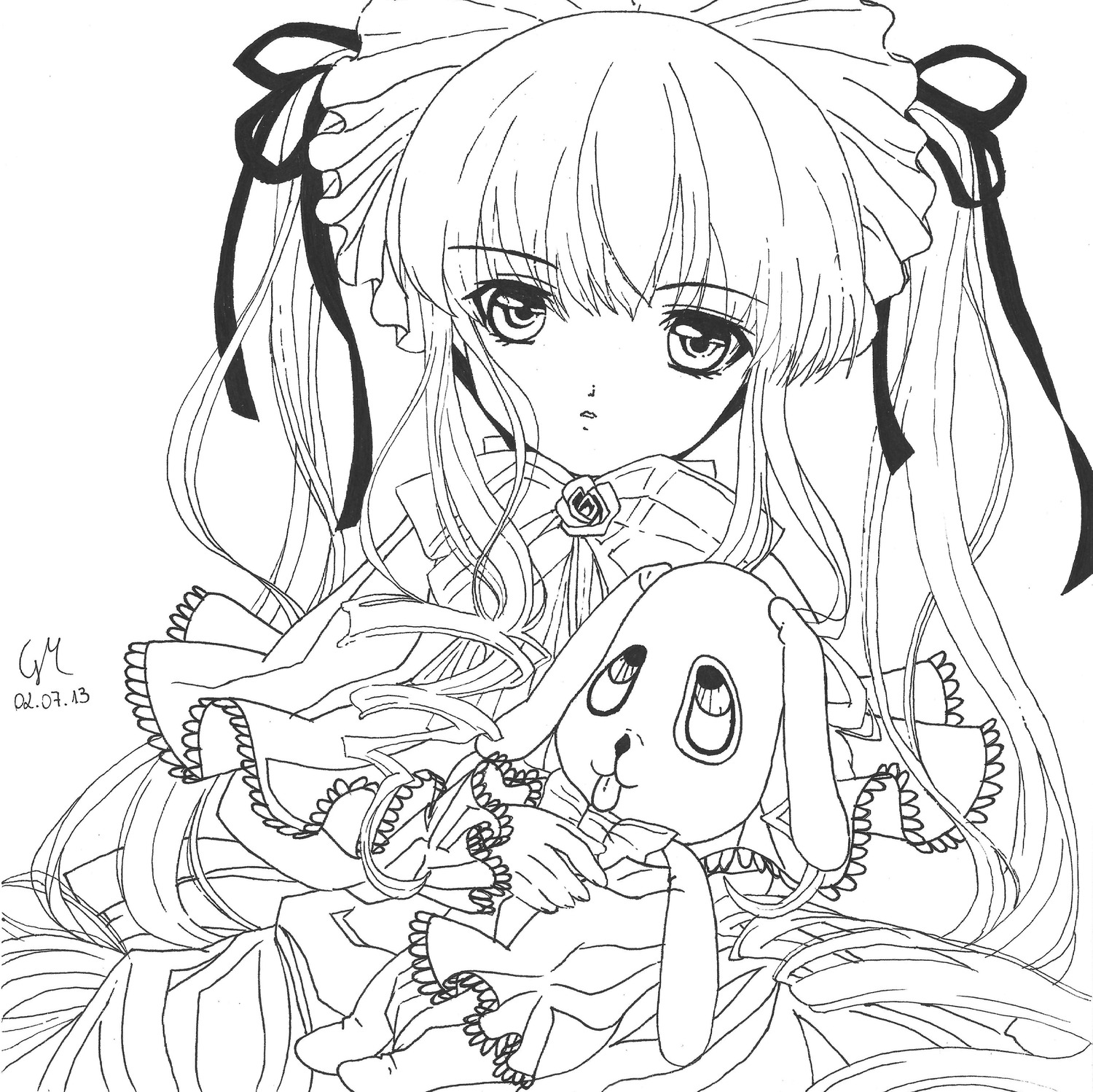 1girl auto_tagged blush dress frills greyscale hair_ribbon image jewelry lineart long_hair looking_at_viewer monochrome ribbon rose shinku simple_background solo stuffed_animal twintails very_long_hair