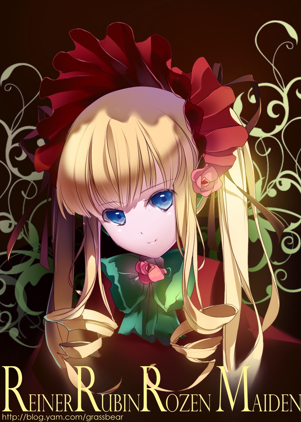 1girl blonde_hair blue_eyes blue_hair bow bowtie cao_xiong commentary_request copyright_name dress english_text flower german_text gothic_lolita green_bow headdress highres image lolita_fashion long_hair long_sleeves looking_at_viewer photoshop_(medium) plant red_dress rose rozen_maiden shinku sidelocks solo translated twintails
