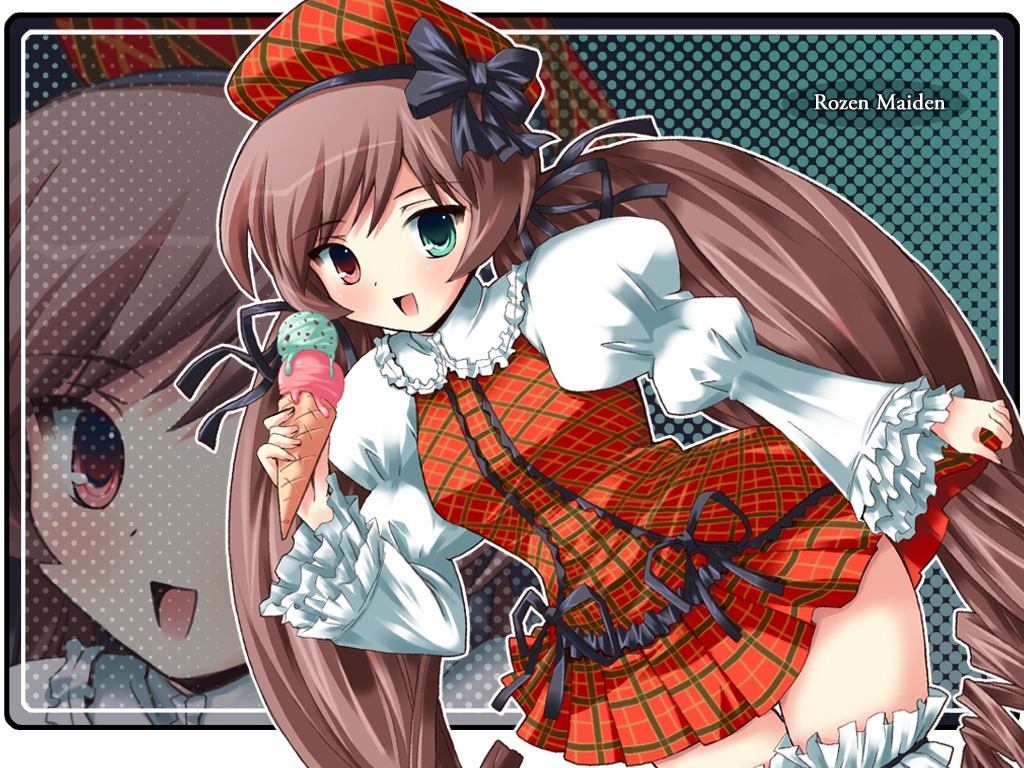 1girl blush brown_hair dress food frills green_eyes hat heterochromia image long_hair long_sleeves open_mouth plaid plaid_dress red_eyes ribbon smile solo suiseiseki twintails very_long_hair zoom_layer