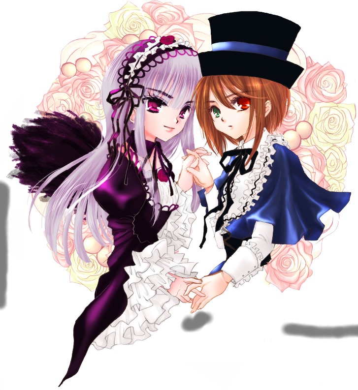 2girls brown_hair dress flower frills hairband hat holding_hands image interlocked_fingers long_hair long_sleeves looking_at_viewer multiple_girls pair pink_eyes red_eyes rose short_hair siblings silver_hair sisters smile souseiseki suigintou wings