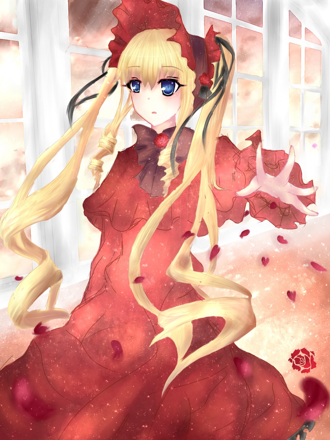 1girl blonde_hair blue_eyes blush bonnet bow bowtie dress flower image long_hair long_sleeves looking_at_viewer petals red_dress rose shinku solo twintails very_long_hair window