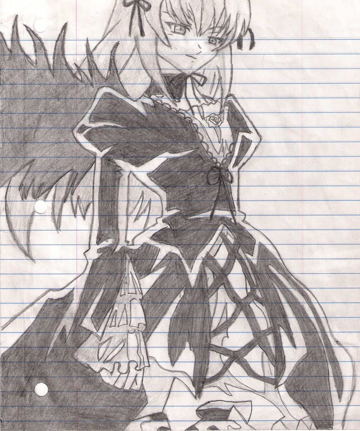 1girl dress frills hairband image long_hair long_sleeves looking_at_viewer monochrome solo suigintou very_long_hair wings