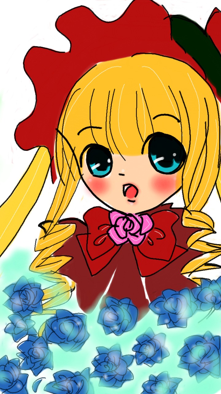 1girl blonde_hair blue_eyes blue_rose blush bonnet bow bowtie dress drill_hair flower image long_hair looking_at_viewer open_mouth pink_flower pink_rose red_rose rose shinku simple_background solo twin_drills twintails white_background