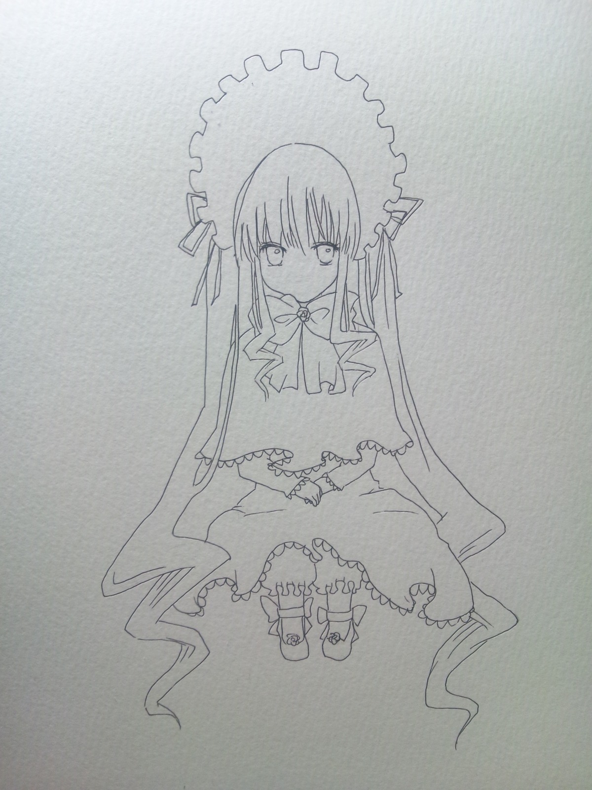 1girl capelet dress expressionless frills full_body greyscale image long_hair looking_at_viewer monochrome shinku sitting solo traditional_media very_long_hair