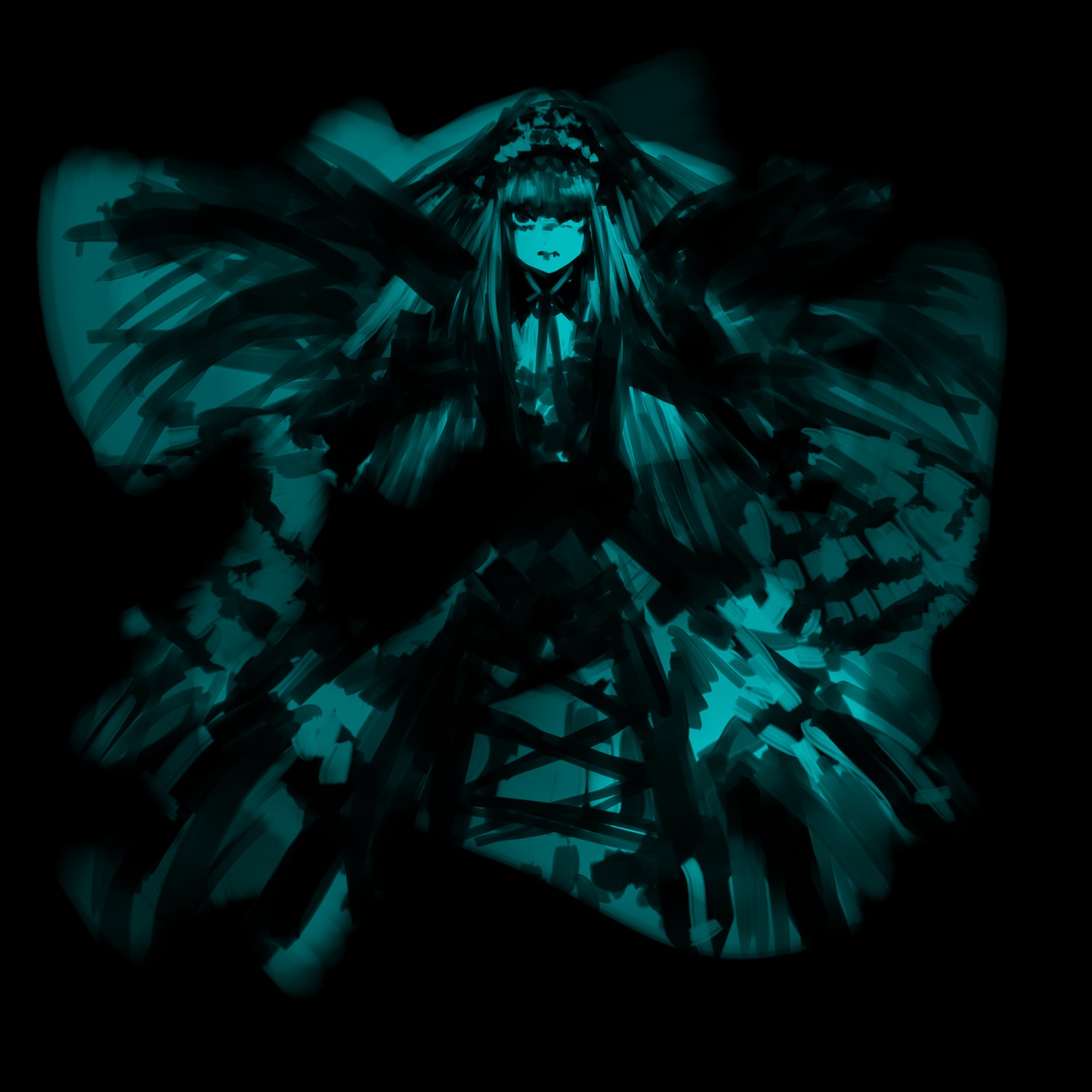 1girl auto_tagged blue_theme dark dress full_body image long_hair long_sleeves monochrome simple_background solo standing suigintou wings