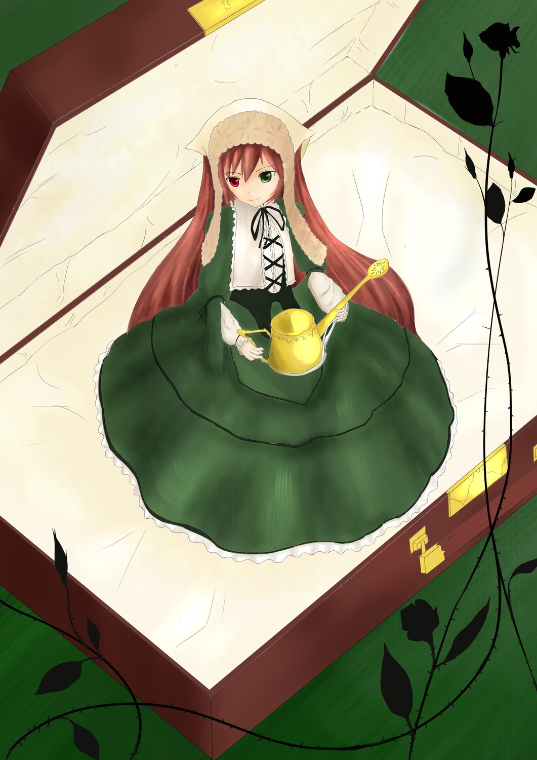 1girl dress from_above green_dress heterochromia image long_hair long_sleeves looking_at_viewer red_eyes ribbon solo suiseiseki twintails very_long_hair watering_can