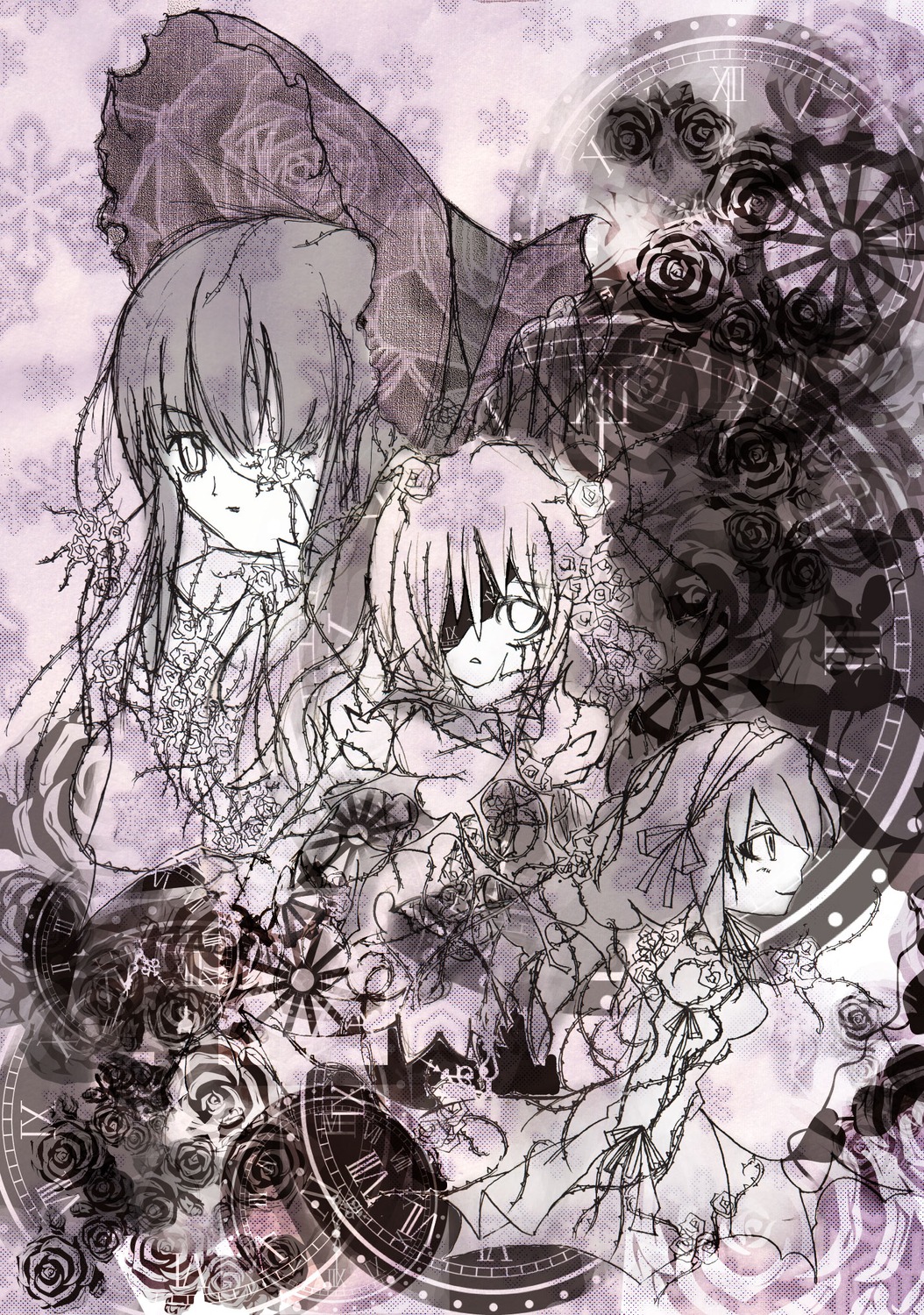 3girls bow dress flower hair_bow hair_tubes hakurei_reimu image long_hair monochrome multiple multiple_girls rose short_hair tagme umbrella