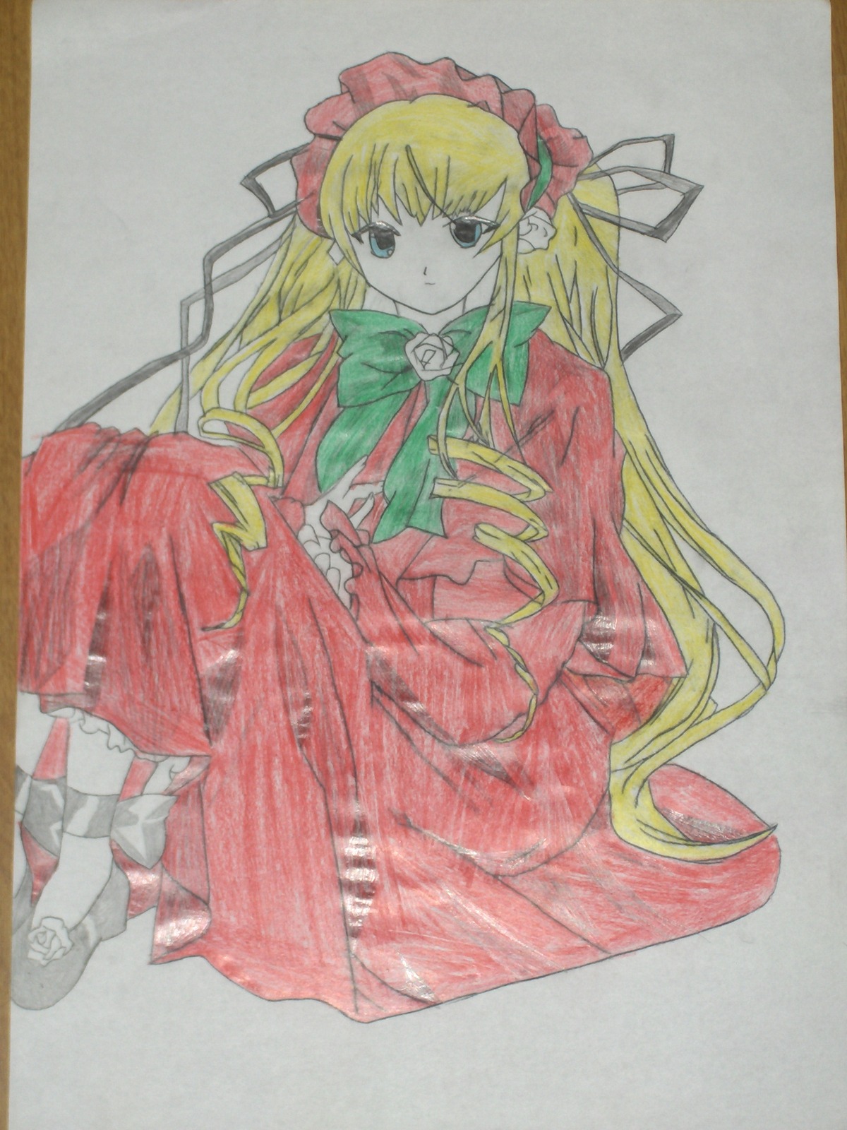 1girl blonde_hair blue_eyes bonnet bow bowtie dress green_bow image long_hair long_sleeves looking_at_viewer marker_(medium) photo red_dress rose shikishi shinku shoes simple_background sitting solo traditional_media very_long_hair