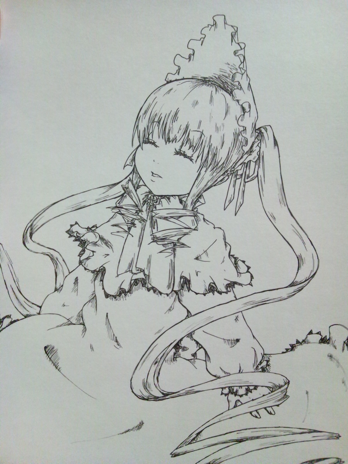 1girl bonnet closed_eyes dress image long_hair monochrome shinku solo torn_clothes traditional_media twintails