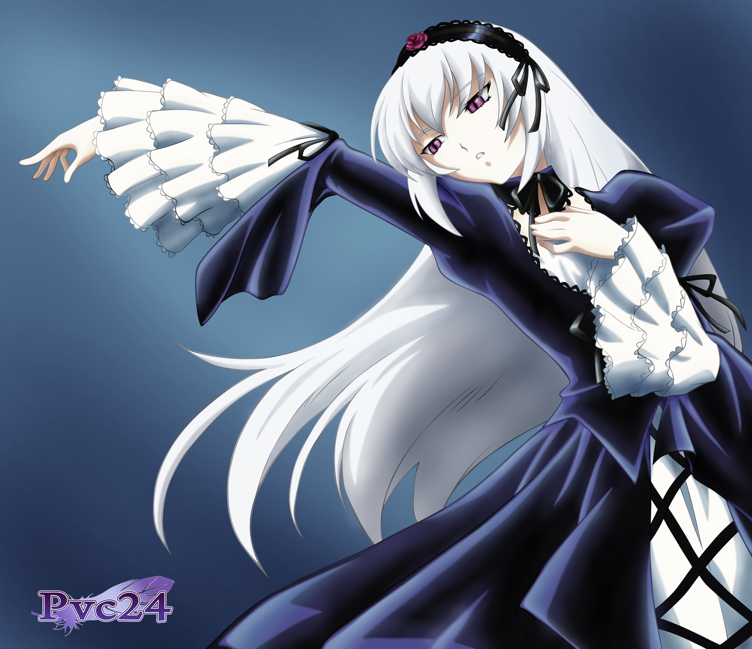 1girl black_dress dress flower frilled_sleeves frills hairband hand_on_own_chest image lolita_hairband long_hair long_sleeves outstretched_arm pink_eyes rose silver_hair solo suigintou very_long_hair wings