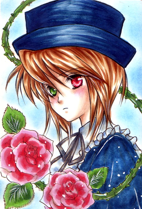 1girl blue_dress blue_headwear brown_hair flower green_eyes hat heterochromia image looking_at_viewer marker_(medium) pink_flower pink_rose plant red_eyes red_flower red_rose rose short_hair solo souseiseki traditional_media white_background