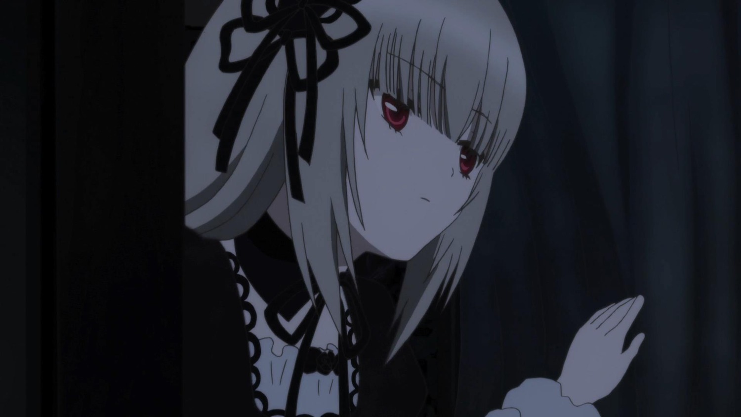 1girl bangs black_ribbon closed_mouth dress expressionless eyebrows_visible_through_hair hair_ribbon image looking_at_viewer red_eyes ribbon solo suigintou