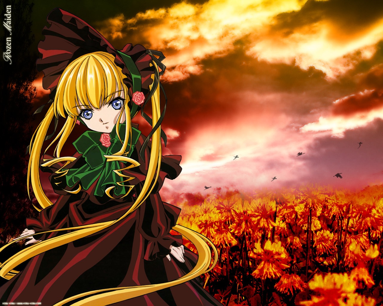 1girl bangs blonde_hair blue_eyes bonnet bow bowtie dress flower green_bow green_neckwear image kasugai_hiroyuki long_hair long_sleeves looking_at_viewer photoshop_(medium) red_dress rose rozen_maiden shinku solo sunset twintails very_long_hair