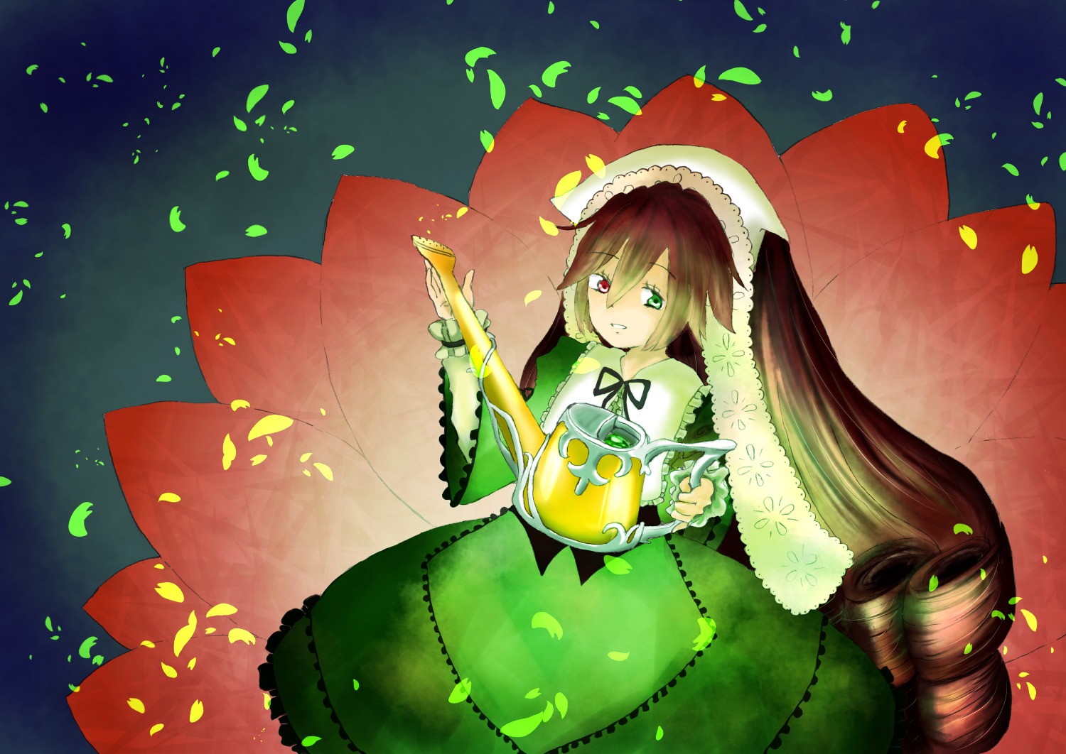 1girl brown_hair dress drill_hair flower frills green_dress green_eyes heterochromia holding image long_hair long_sleeves petals red_eyes rose_petals solo suiseiseki twintails very_long_hair watering_can