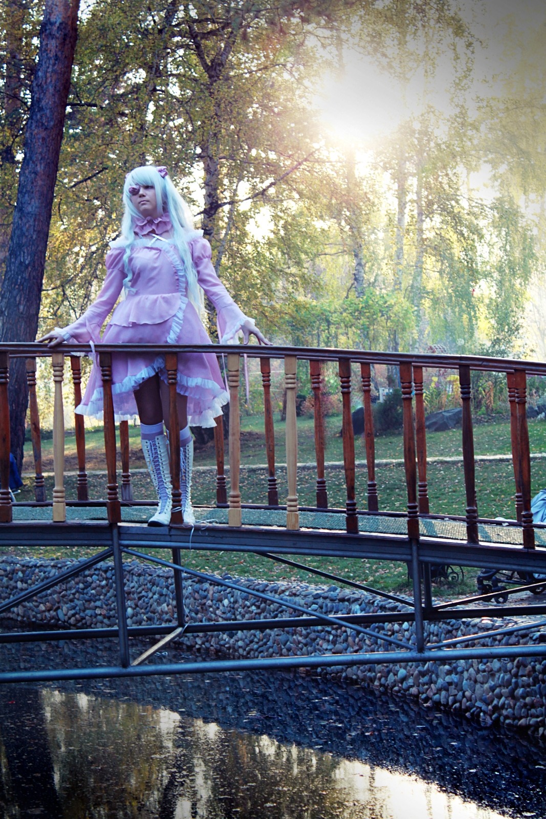 1girl barasuishou day fence forest long_hair nature outdoors solo standing sunlight tree