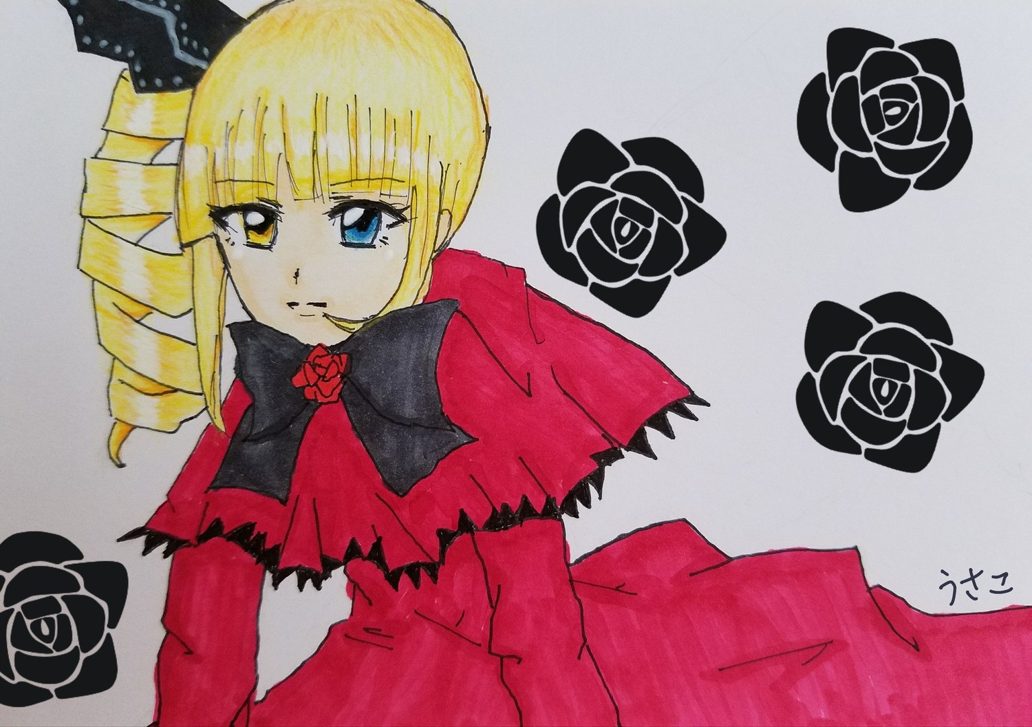 1girl black_flower black_rose blonde_hair blue_eyes bow bowtie capelet dress drill_hair flower heterochromia image long_sleeves pink_rose purple_rose red_flower red_rose rose shinku solo twintails white_rose yellow_rose