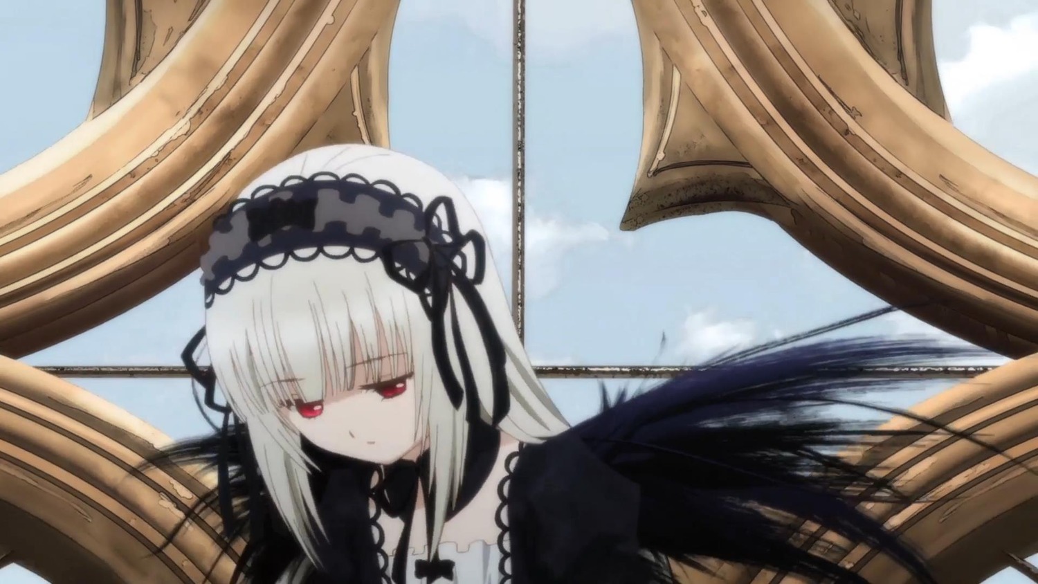 1girl bangs black_ribbon black_wings detached_collar dress frills hairband image long_hair long_sleeves red_eyes rose silver_hair solo suigintou wings