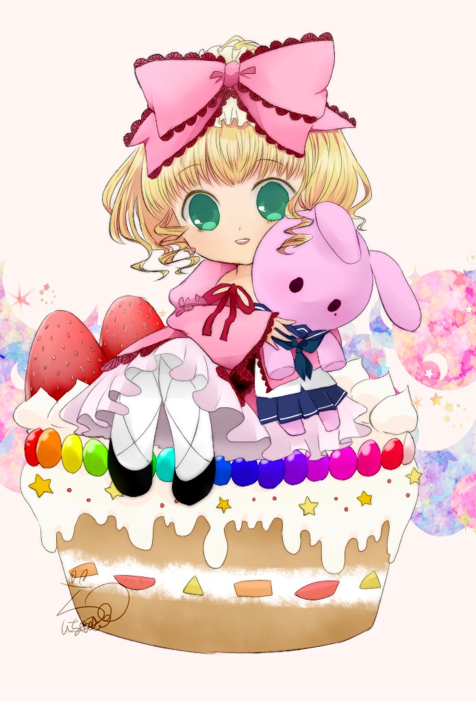 1girl blonde_hair bow cake chibi dress food fruit green_eyes hina_ichigo hinaichigo image jewelry pantyhose pink_bow short_hair smile solo strawberry striped striped_background stuffed_animal white_legwear