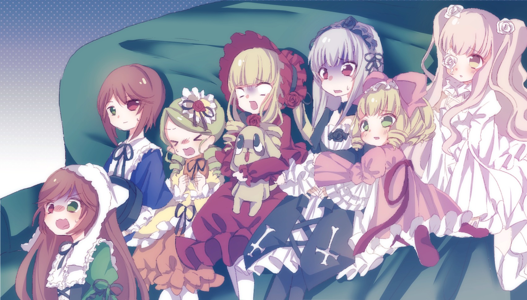 6+girls blonde_hair blue_eyes bow brown_hair closed_eyes dress drill_hair frills green_eyes hat heterochromia hina_ichigo image kanaria long_hair long_sleeves multiple multiple_girls open_mouth pink_bow red_dress red_eyes shinku short_hair siblings silver_hair sisters souseiseki suigintou suiseiseki tagme twins twintails very_long_hair