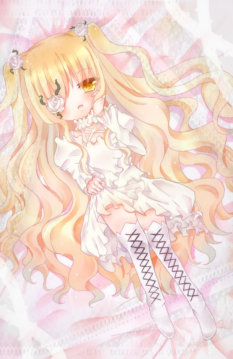 1girl blonde_hair boots cross-laced_footwear dress eyepatch flower full_body hair_flower hair_ornament image kirakishou knee_boots long_hair long_sleeves lying rose solo thigh_boots two_side_up very_long_hair wavy_hair white_dress white_footwear yellow_eyes