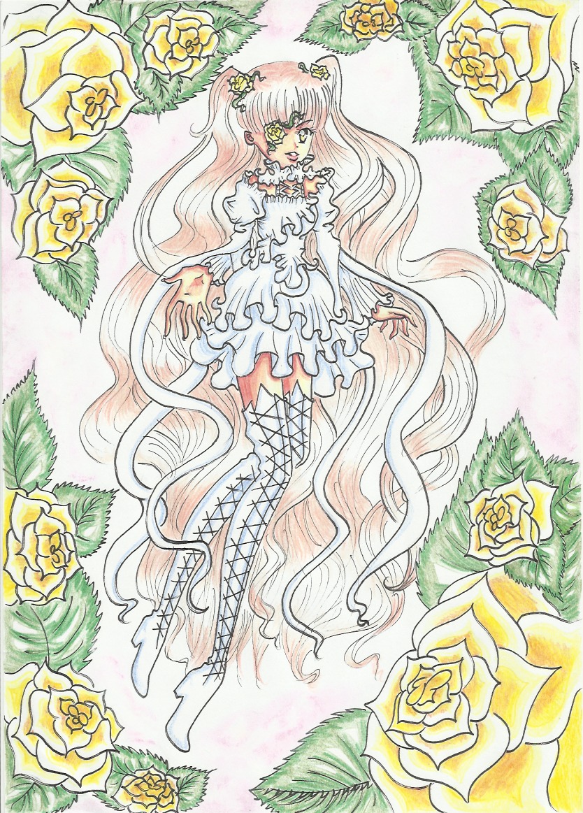 1girl black_rose boots double_bun dress flower frills hair_flower hair_ornament image kirakishou long_hair orange_flower pink_flower pink_hair pink_rose plant red_rose rose solo thigh_boots thighhighs thorns traditional_media very_long_hair vines white_flower white_rose yellow_flower yellow_rose