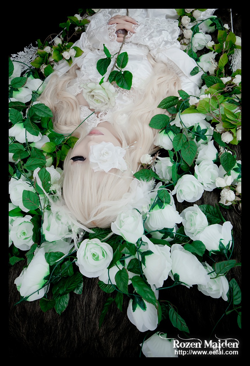 1girl artist_name auto_tagged closed_eyes face flower kirakishou leaf letterboxed plant rose solo white_flower white_hair white_rose white_theme