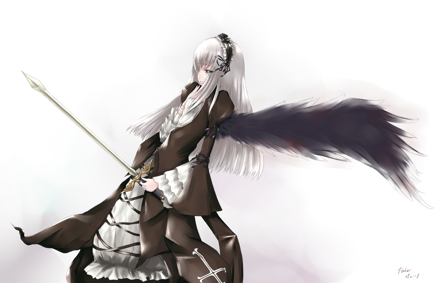 1girl bangs black_dress black_wings dress feathered_wings feathers frills gradient gradient_background hairband holding holding_weapon image juliet_sleeves long_hair long_sleeves puffy_sleeves ribbon silver_hair solo suigintou sword very_long_hair weapon wide_sleeves wings