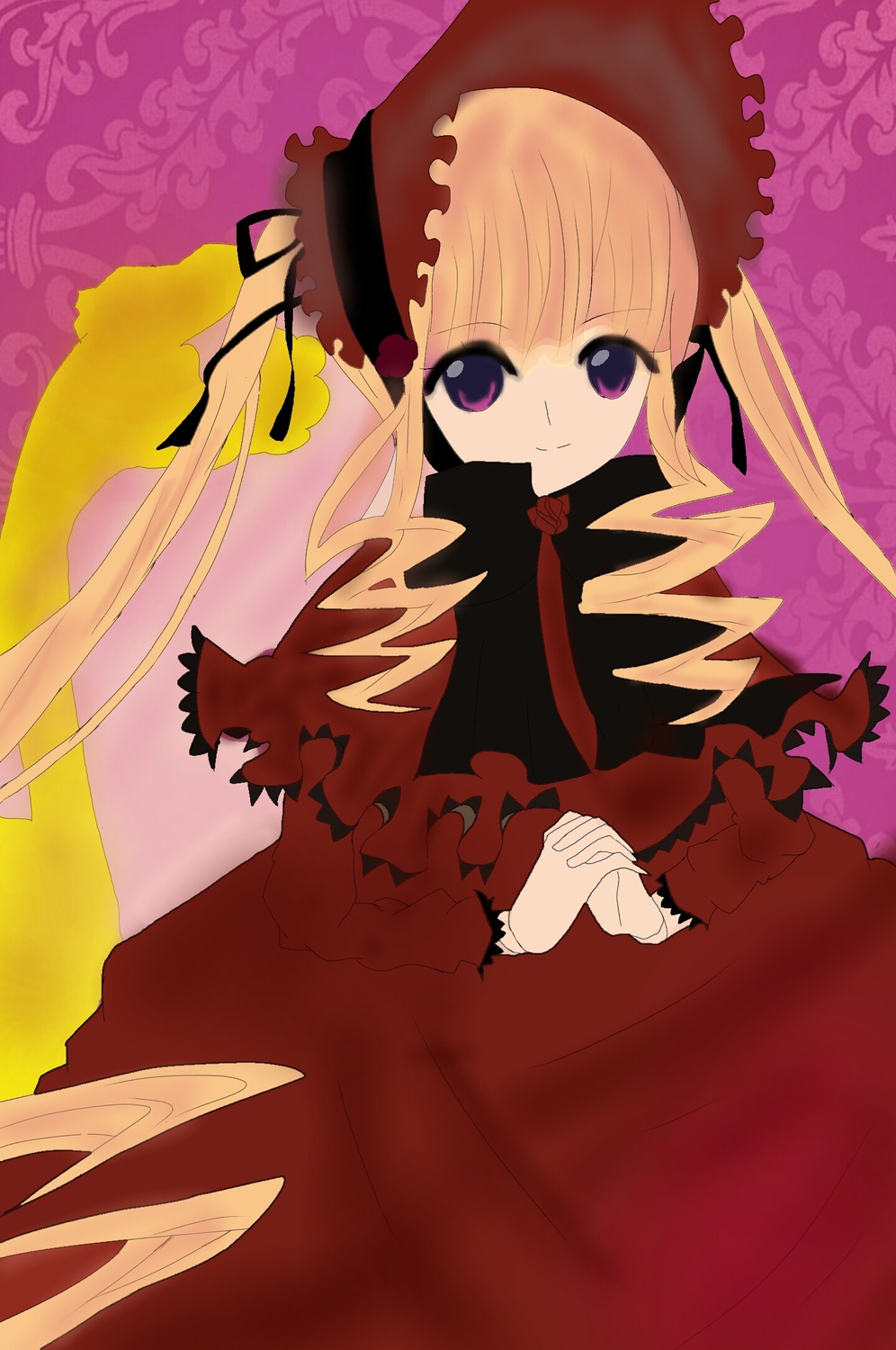 1girl blonde_hair bonnet dress drill_hair frills image lolita_fashion long_hair long_sleeves looking_at_viewer red_dress rose shinku smile solo twintails very_long_hair