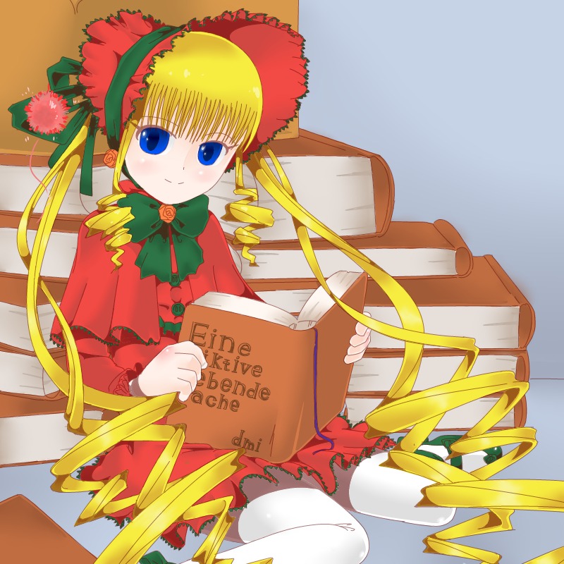 1girl blonde_hair blue_eyes bonnet bow bowtie capelet dress drill_hair flower frills green_bow image long_hair long_sleeves looking_at_viewer red_capelet red_dress shinku sitting solo twin_drills white_legwear