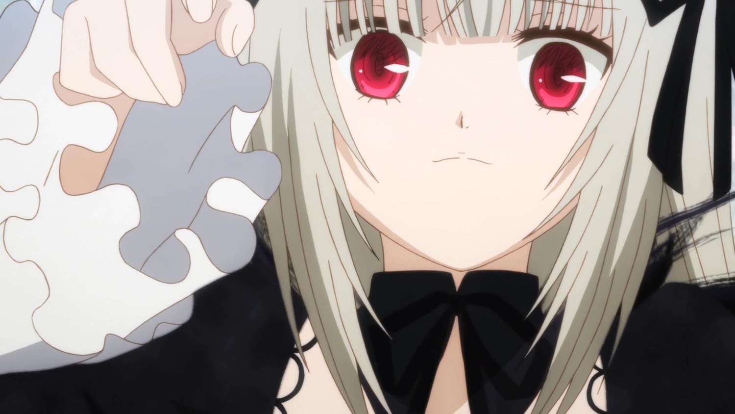 1girl bangs black_ribbon close-up closed_mouth detached_collar dress eyebrows_visible_through_hair frills image lolita_fashion looking_at_viewer red_eyes ribbon solo suigintou