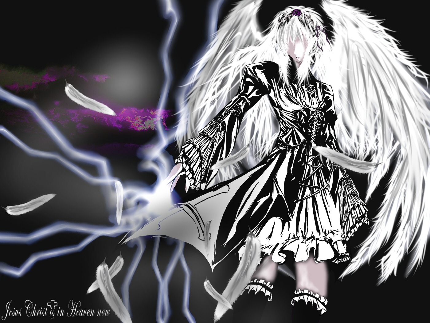 1girl angel angel_wings auto_tagged bird black_feathers dove feathered_wings feathers greyscale image monochrome multiple_wings solo suigintou thighhighs weapon white_feathers white_wings wings