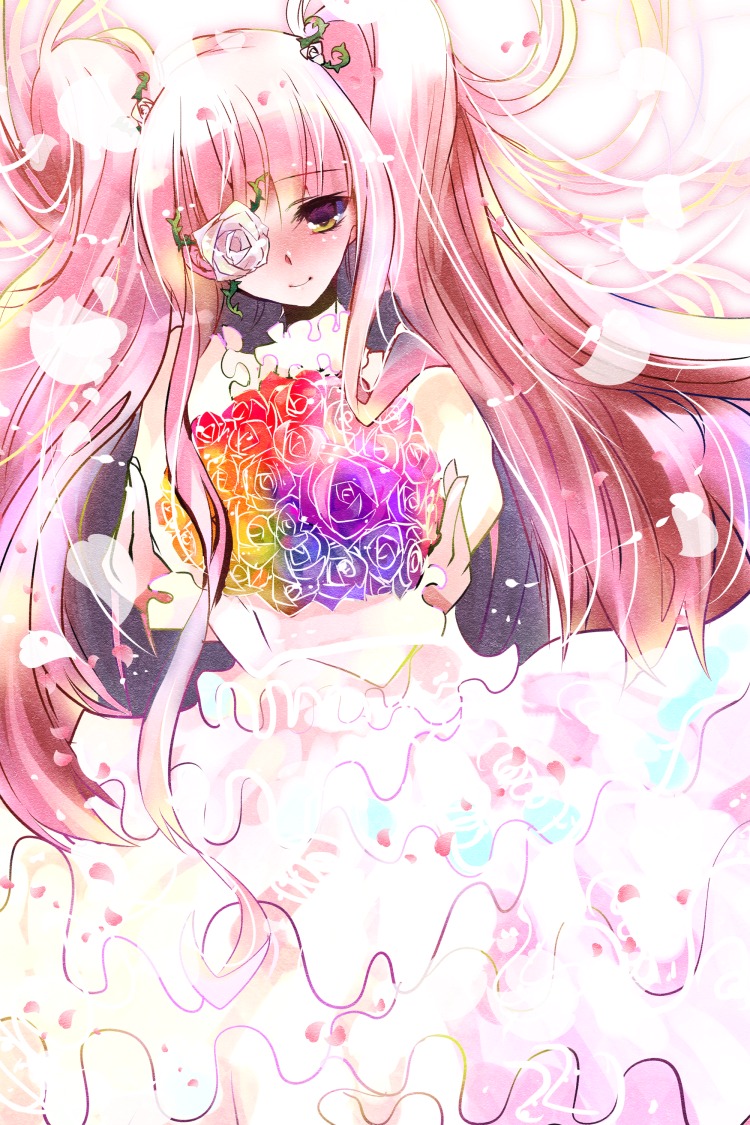 1girl blush bouquet dress eyepatch flower hair_flower hair_ornament image kirakishou long_hair pink_hair rose smile solo two_side_up very_long_hair wedding_dress white_rose yellow_eyes