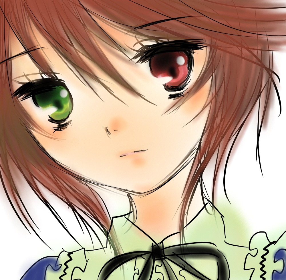 1girl blush brown_hair close-up closed_mouth eyebrows_visible_through_hair face green_eyes image looking_at_viewer short_hair simple_background solo souseiseki