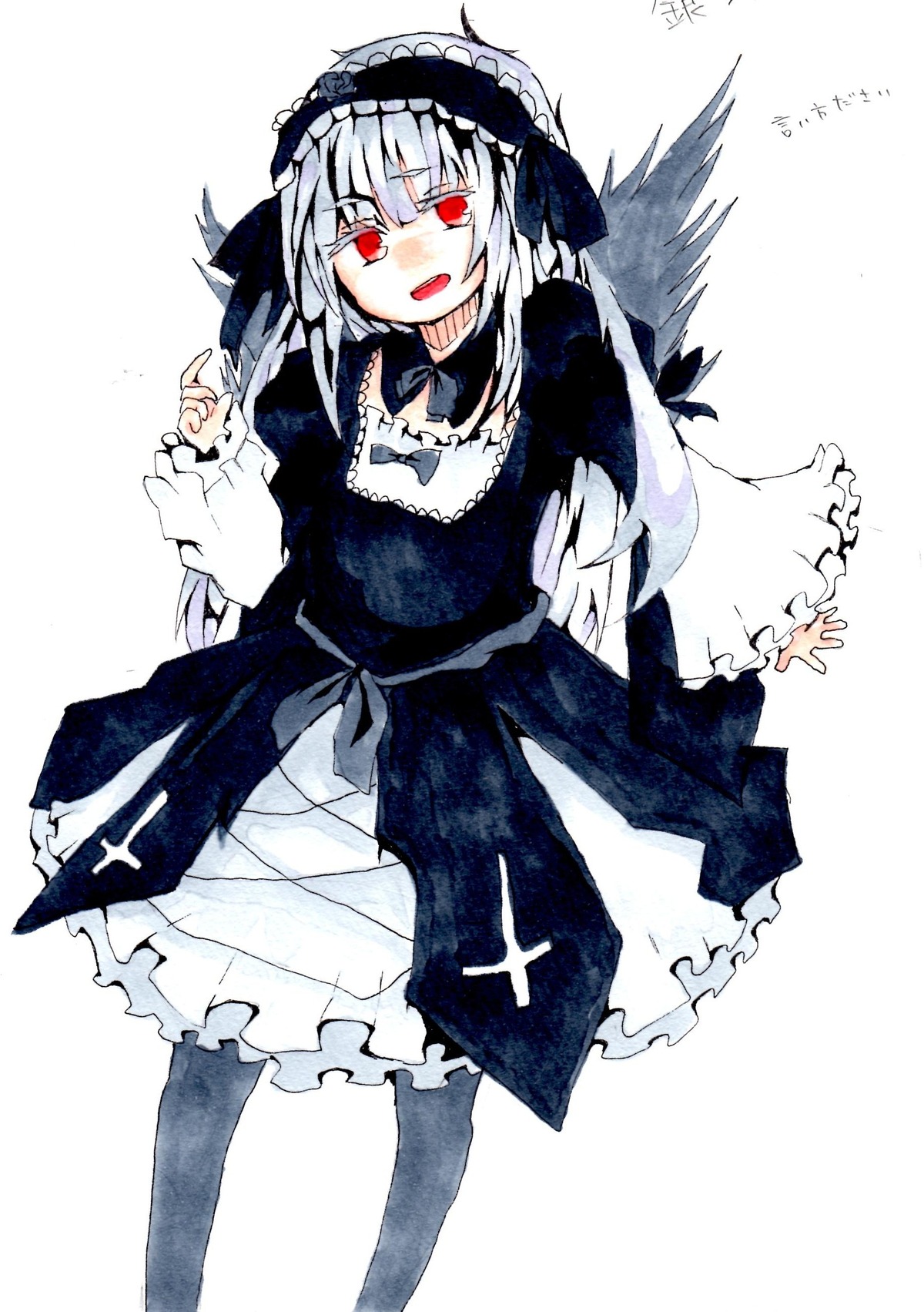 1girl :d black_legwear dress frills hairband image long_hair long_sleeves looking_at_viewer open_mouth red_eyes smile solo suigintou white_background wings