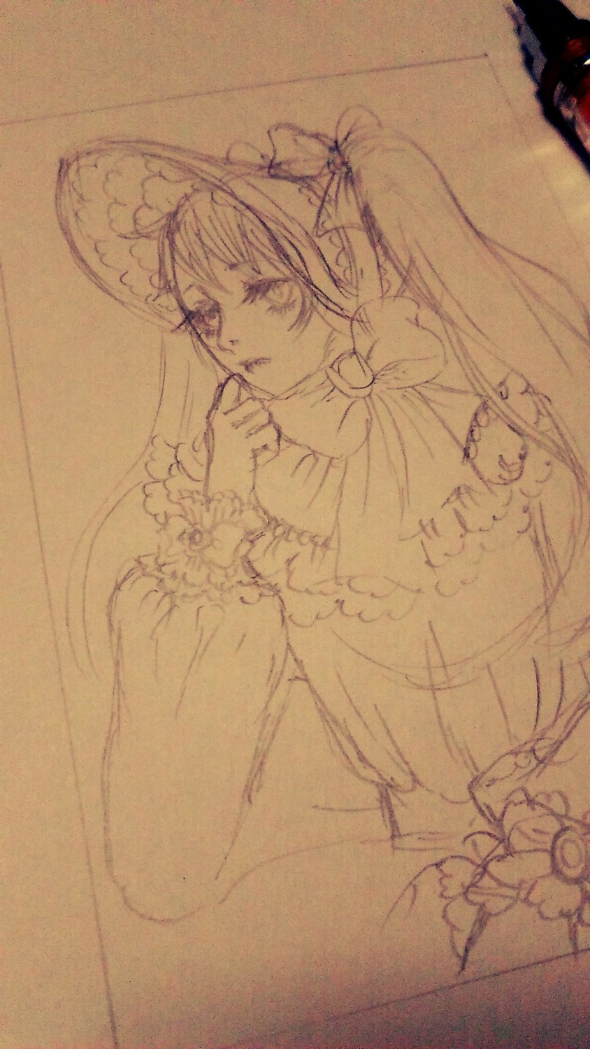 1girl bow dress frills hat image long_hair long_sleeves monochrome shinku sketch solo traditional_media