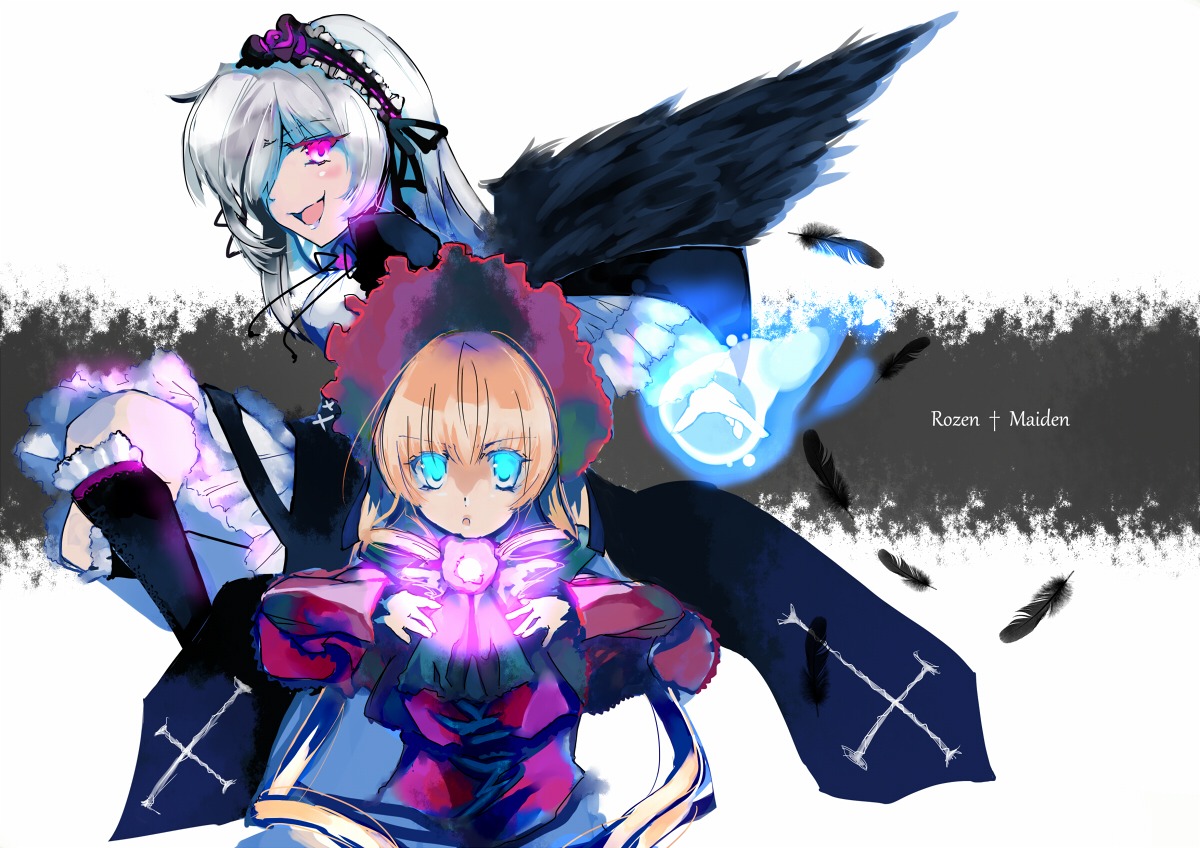 2girls black_wings blonde_hair blue_eyes butterfly dress feathers frills hairband image long_hair long_sleeves multiple_girls pair shinku short_hair silver_hair suigintou wings