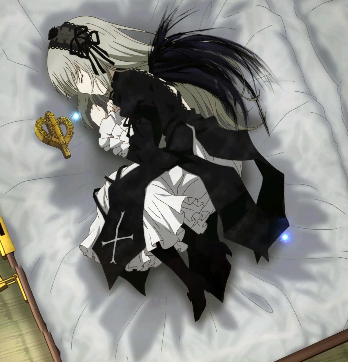 1girl black_wings boots closed_eyes dress frills hairband image long_hair long_sleeves lying on_side profile ribbon silver_hair solo suigintou wings