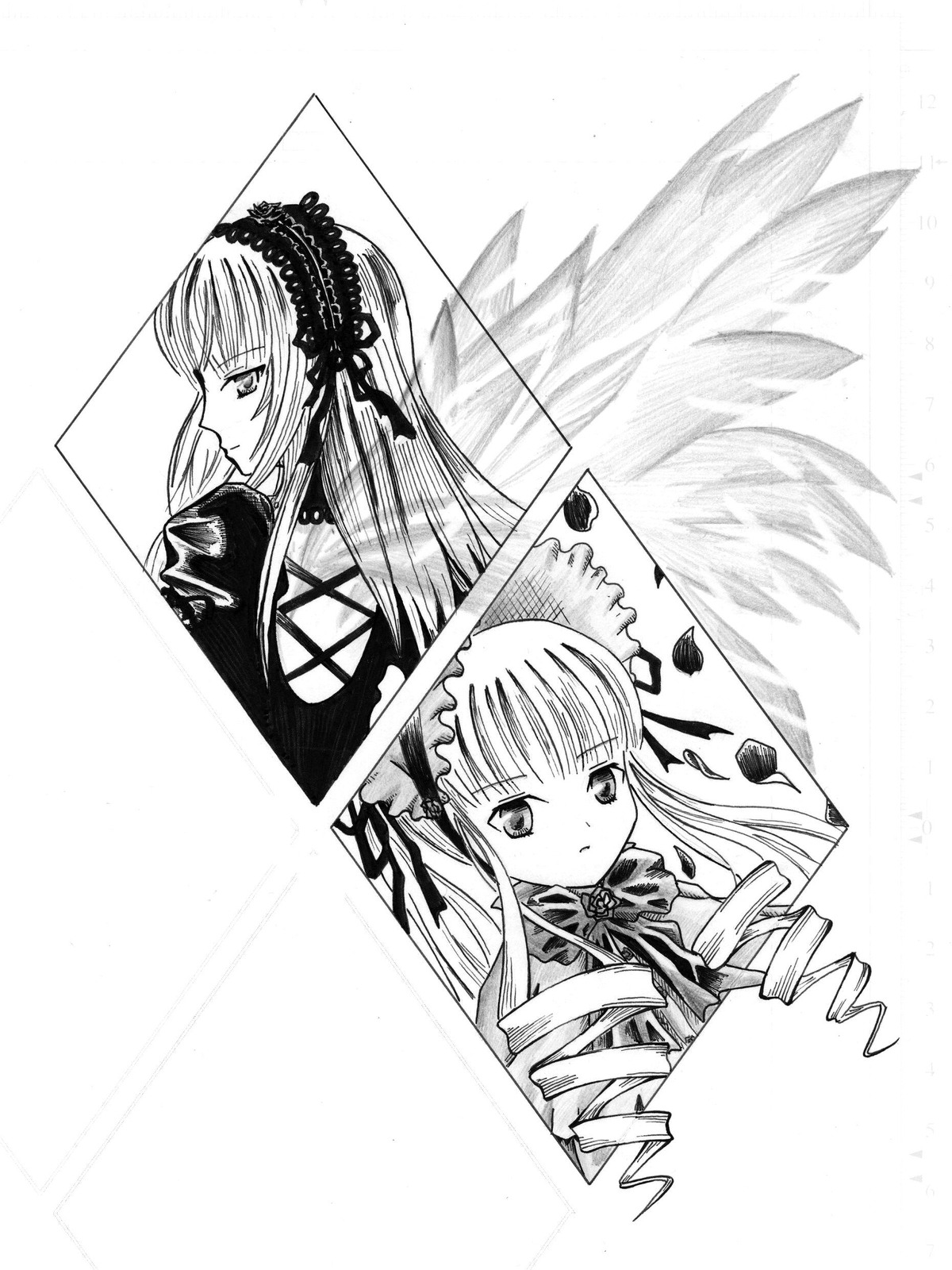 2girls blush comic dress flower frills greyscale hairband image long_hair long_sleeves looking_at_viewer monochrome multiple_girls pair shinku simple_background suigintou upper_body wings