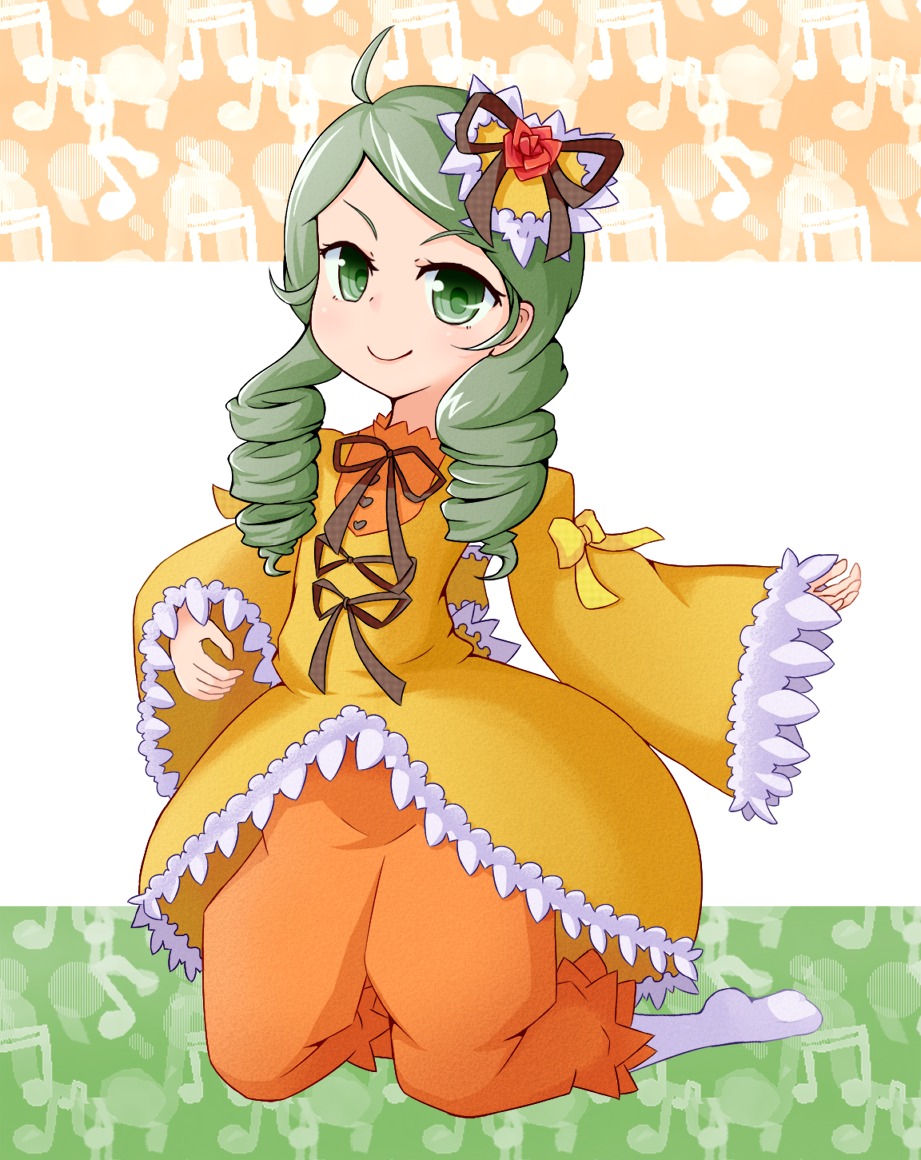 1girl ahoge dress drill_hair eighth_note full_body green_eyes green_hair image kanaria long_sleeves musical_note ribbon smile solo twin_drills wide_sleeves