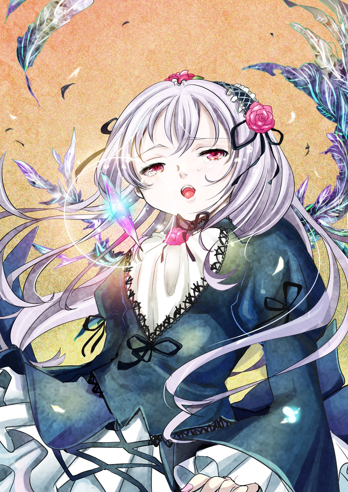 1girl bird black_ribbon dress feathers flower hair_flower hair_ornament hairband image long_hair open_mouth red_eyes ribbon rose silver_hair solo suigintou traditional_media wings