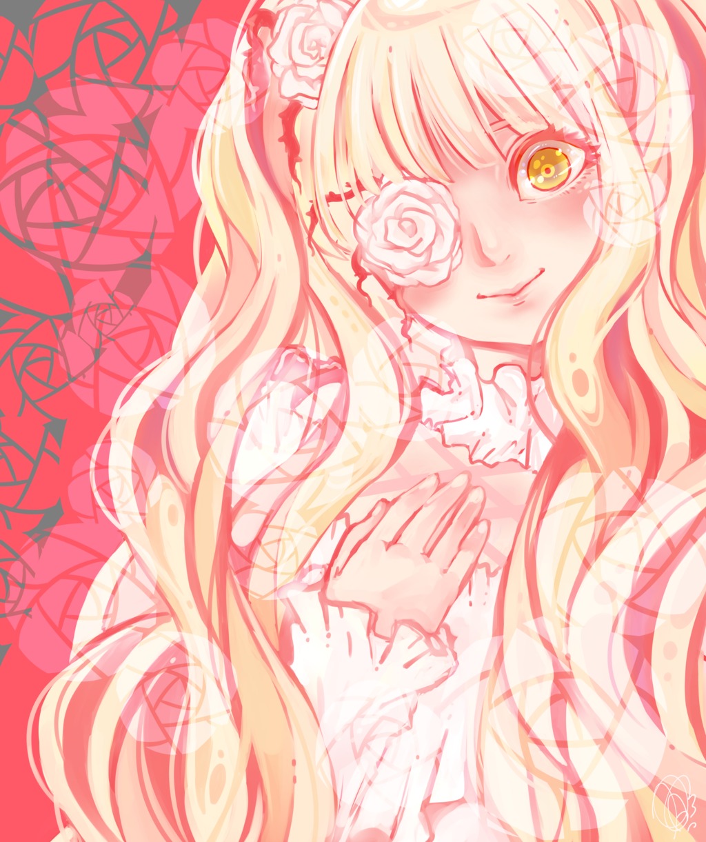 1girl blonde_hair dress eyepatch flower frills hair_flower hair_ornament image kirakishou long_hair looking_at_viewer rose smile solo thorns two_side_up white_flower white_rose yellow_eyes