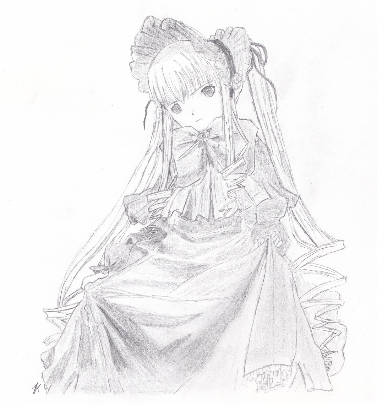 1girl bonnet bow bowtie dress drill_hair frills image long_hair long_sleeves looking_at_viewer monochrome shinku solo very_long_hair white_background