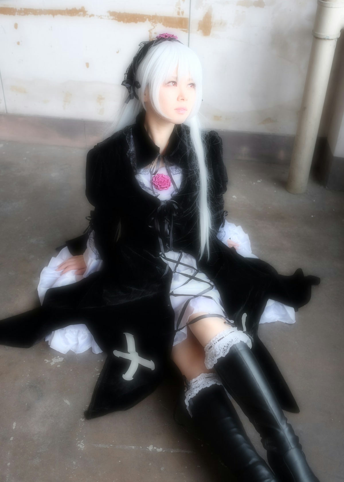 1girl black_footwear boots dress flower frills gothic_lolita lips lolita_fashion long_sleeves photo sitting solo suigintou thigh_boots thighhighs